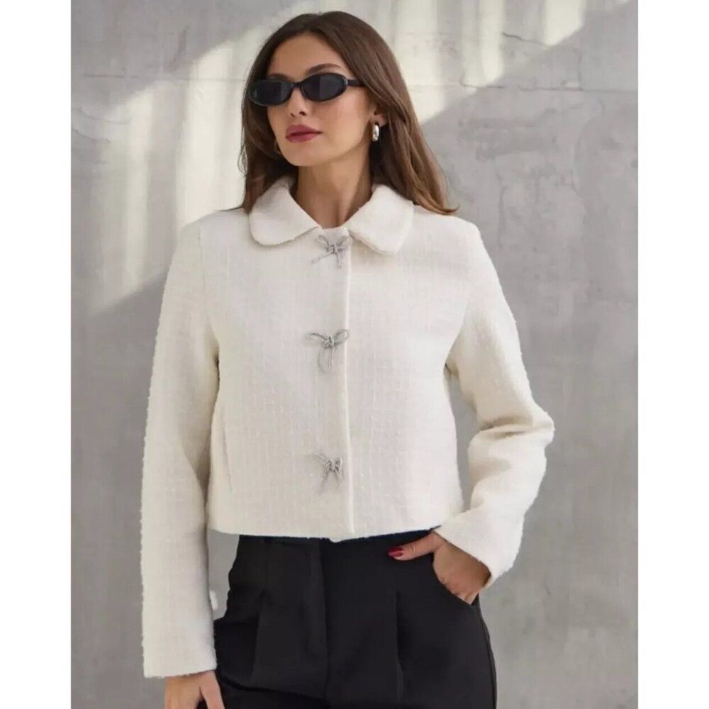 Zara Womens Jacket Size S Ivory Ecru Tweed Textured Rhinestone bows 8711/123 NWT